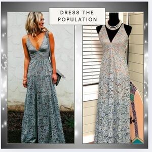 Dress the Population Tan and Blue Maxi
